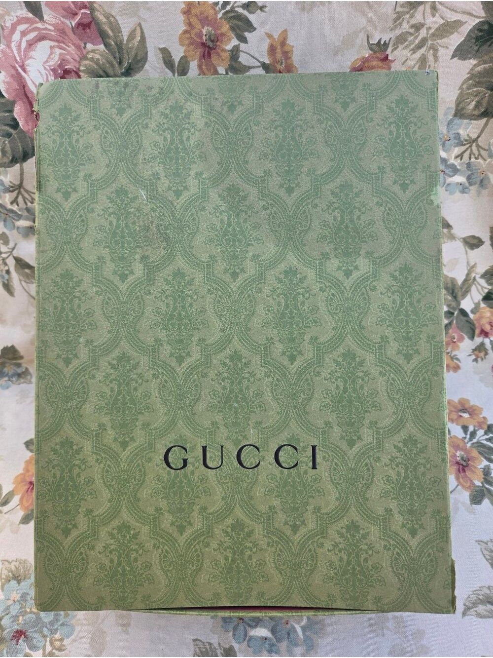 Gucci Large Box Empty in Green Damask with Card Tissue and Ribbon 14x11x4.5"